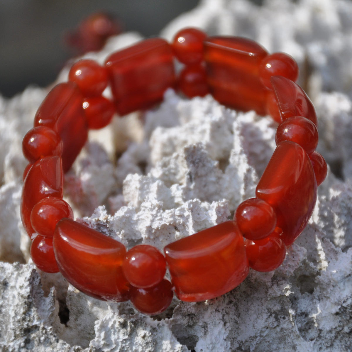 Red Agate Square and Bead Stretch Bracelet